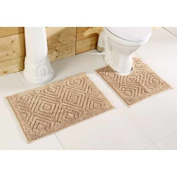 Brown 2 Piece Set Plush and Absorbent Tufted Bath Mat Rug 100% Cotton in Vibrant Colors Better Trends Tiles Collection is Ultra Soft 